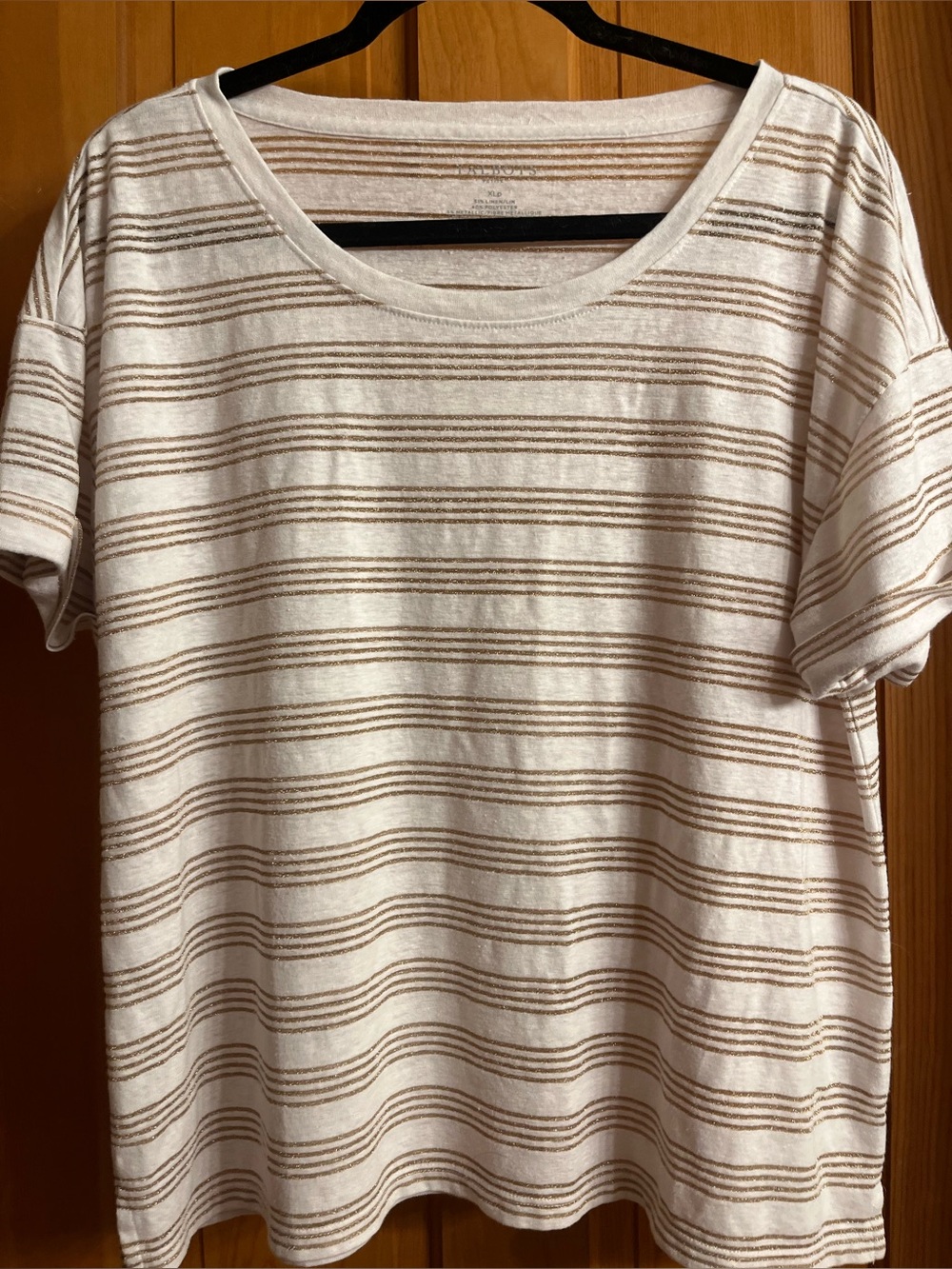 Talbots Linen Blend Roll Cuff Short Sleeve Gold Shimmer Stripe T-Shirt Size XLP